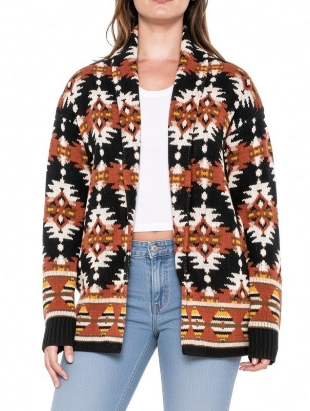 Lucky Brand Aztec Open Front Long Sleeve Knit Cardigan Fits Small Medium Large